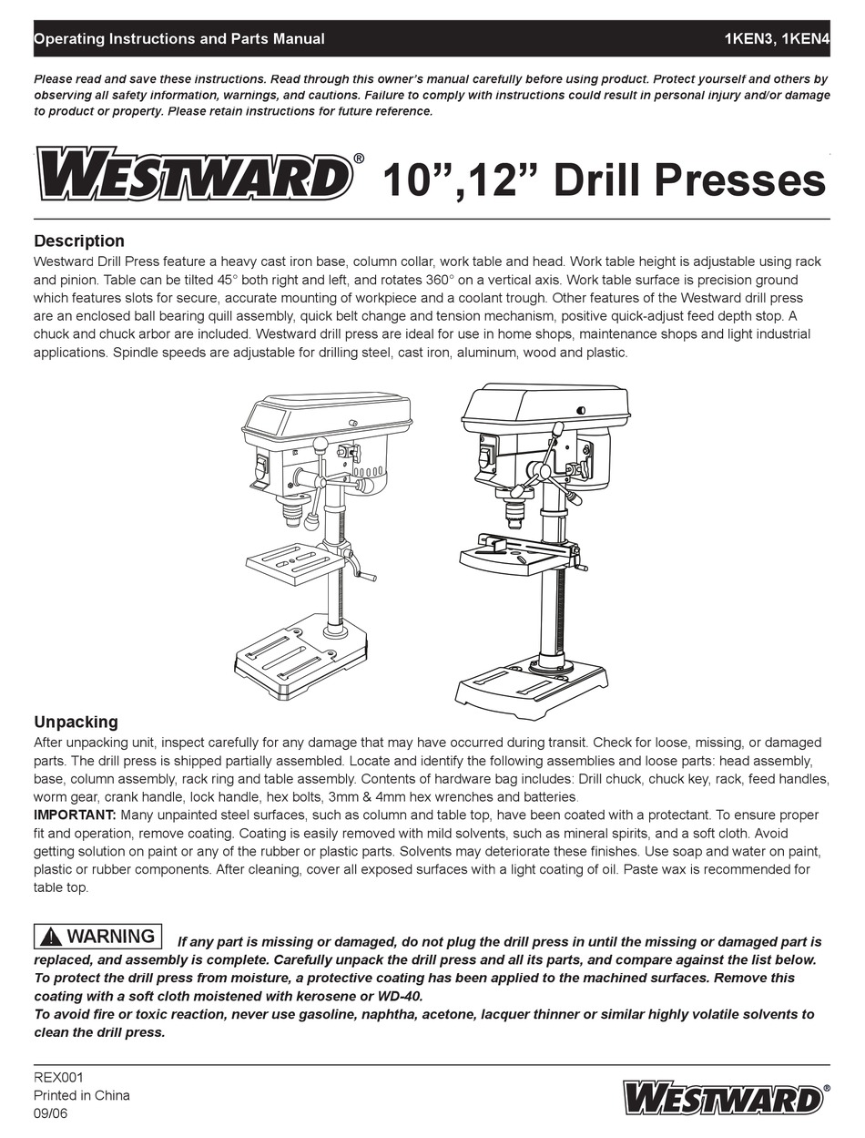 Westward 1ken3 Operating Instructions And Parts Manual Pdf Download Manualslib