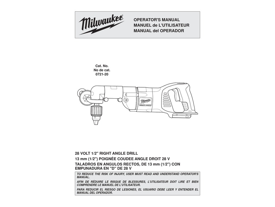 MILWAUKEE M28 Cordless Right Angle Drill (0721-20)