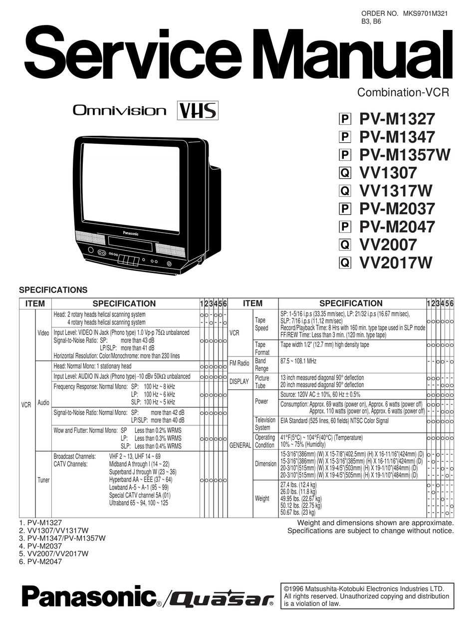 PANASONIC PV-M1327 SERVICE MANUAL Pdf Download | ManualsLib