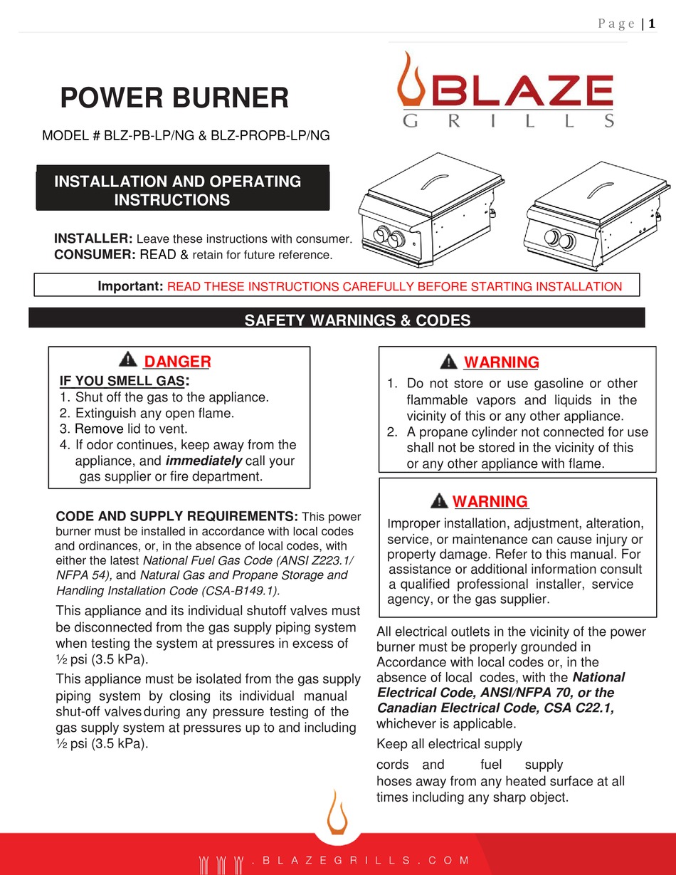 BLAZE BLZPBLP INSTALLATION AND OPERATING INSTRUCTIONS MANUAL Pdf