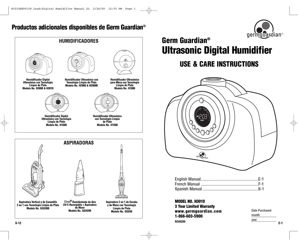 GERM GUARDIAN H3010 USE & CARE INSTRUCTIONS MANUAL Pdf Download
