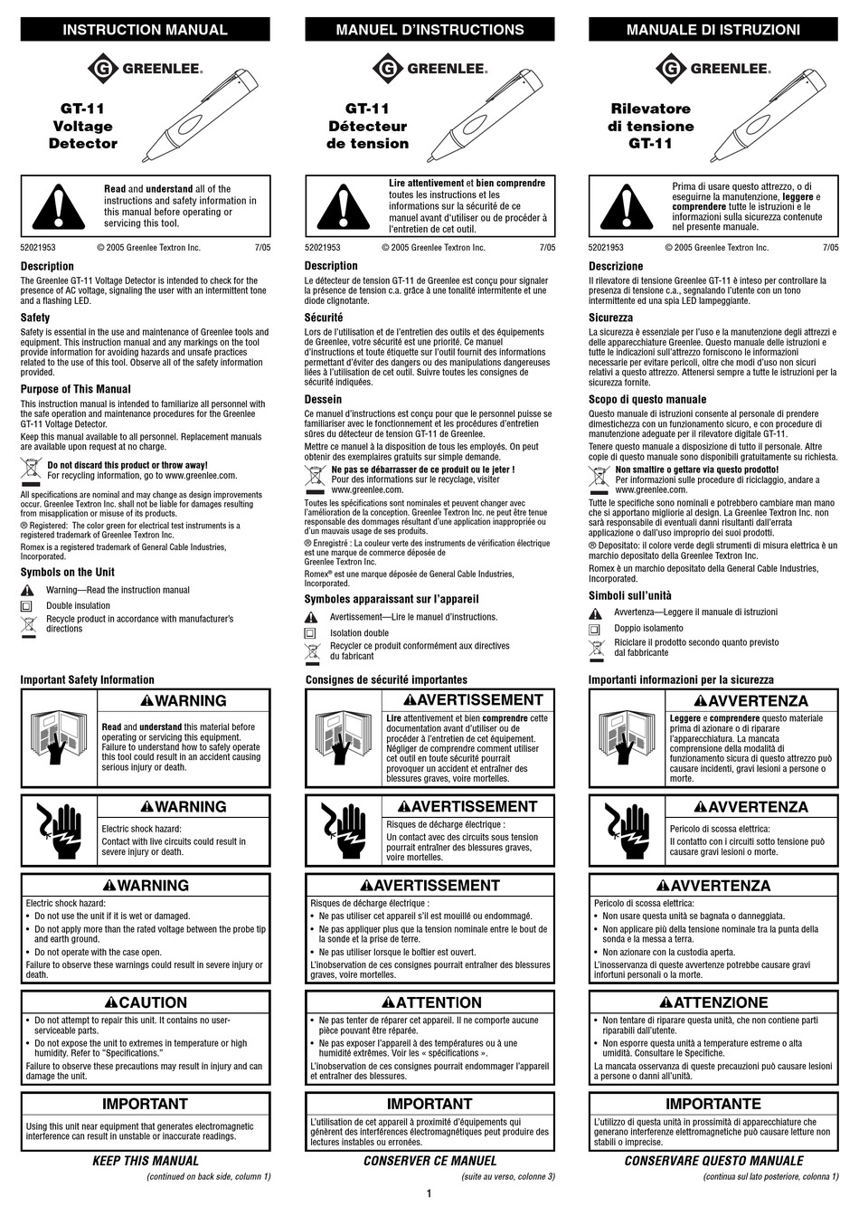 GREENLEE GT11 INSTRUCTION MANUAL Pdf Download ManualsLib