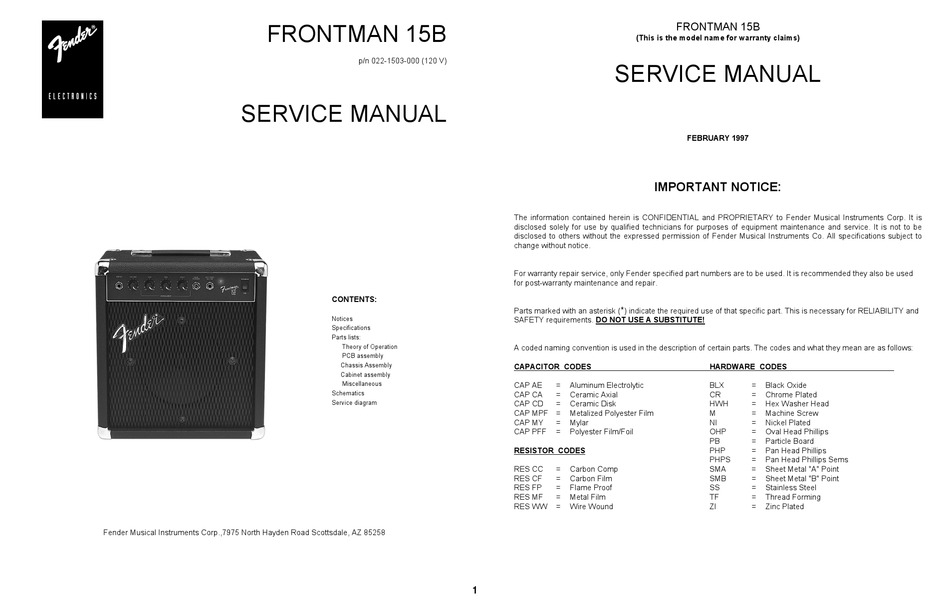 FENDER FRONTMAN 15B SERVICE MANUAL Pdf Download | ManualsLib