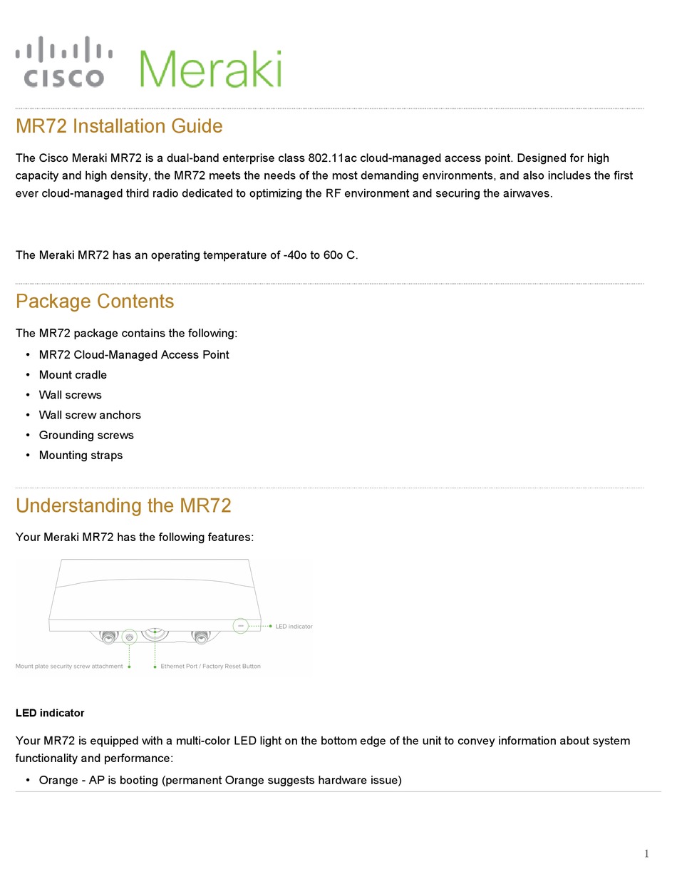 Cisco Meraki Mr72 Installation Manual Pdf Download Manualslib