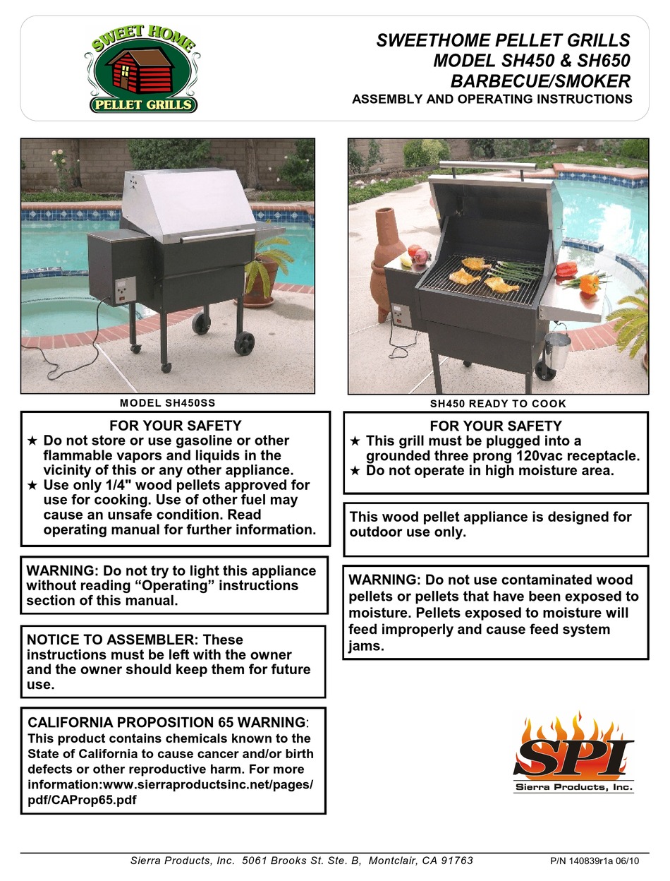 SWEETHOME PELLET GRILLS SH450 ASSEMBLY AND OPERATING INSTRUCTIONS