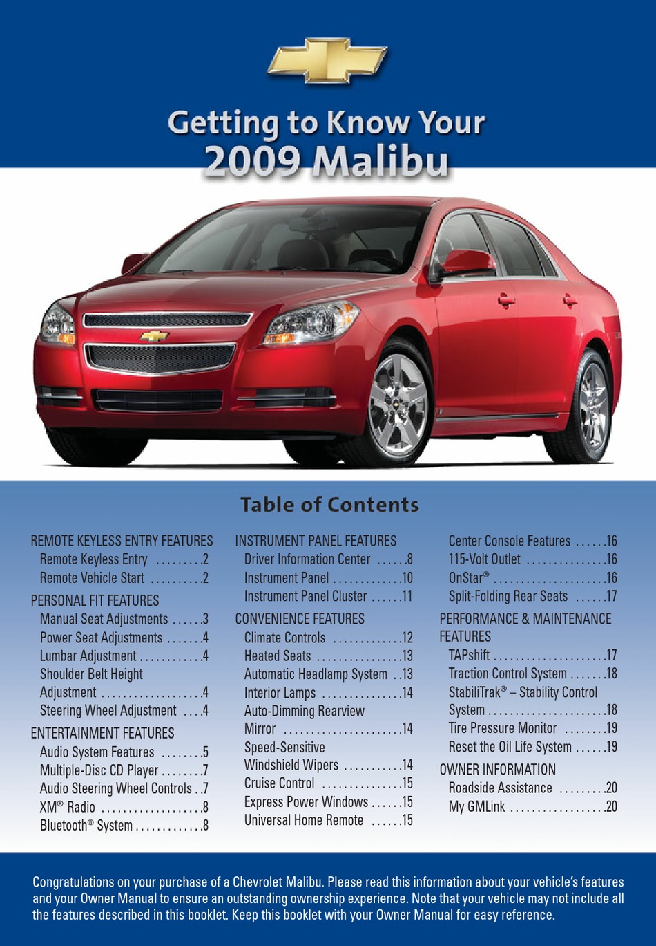 CHEVROLET MALIBU 2009 GETTING TO KNOW YOUR Pdf Download ManualsLib