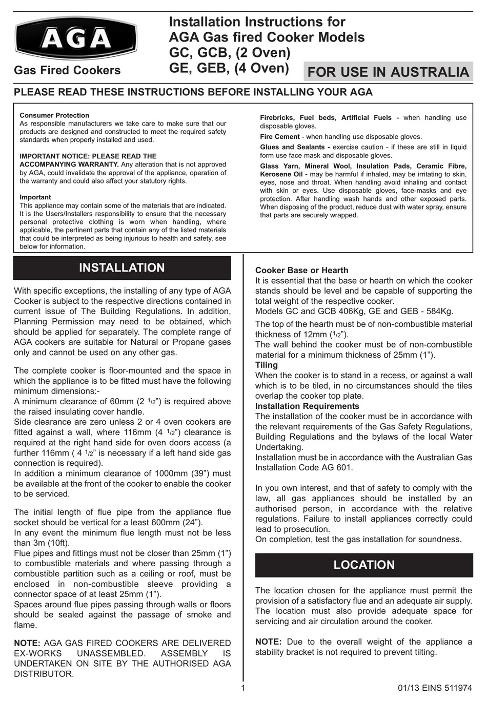 AGA GC SERIES INSTALLATION INSTRUCTIONS MANUAL Pdf Download ManualsLib