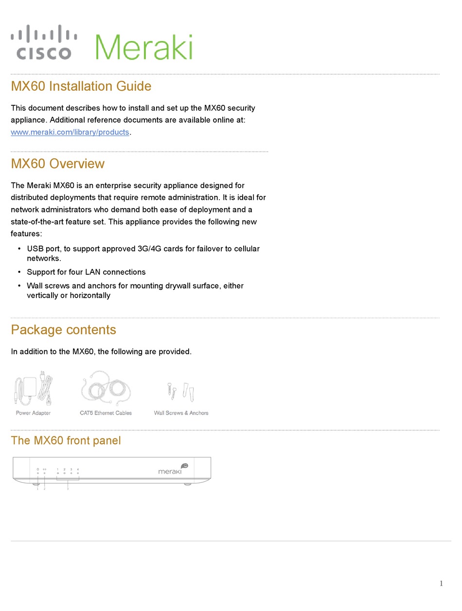 Cisco Meraki Mx60 Installation Manual Pdf Download Manualslib