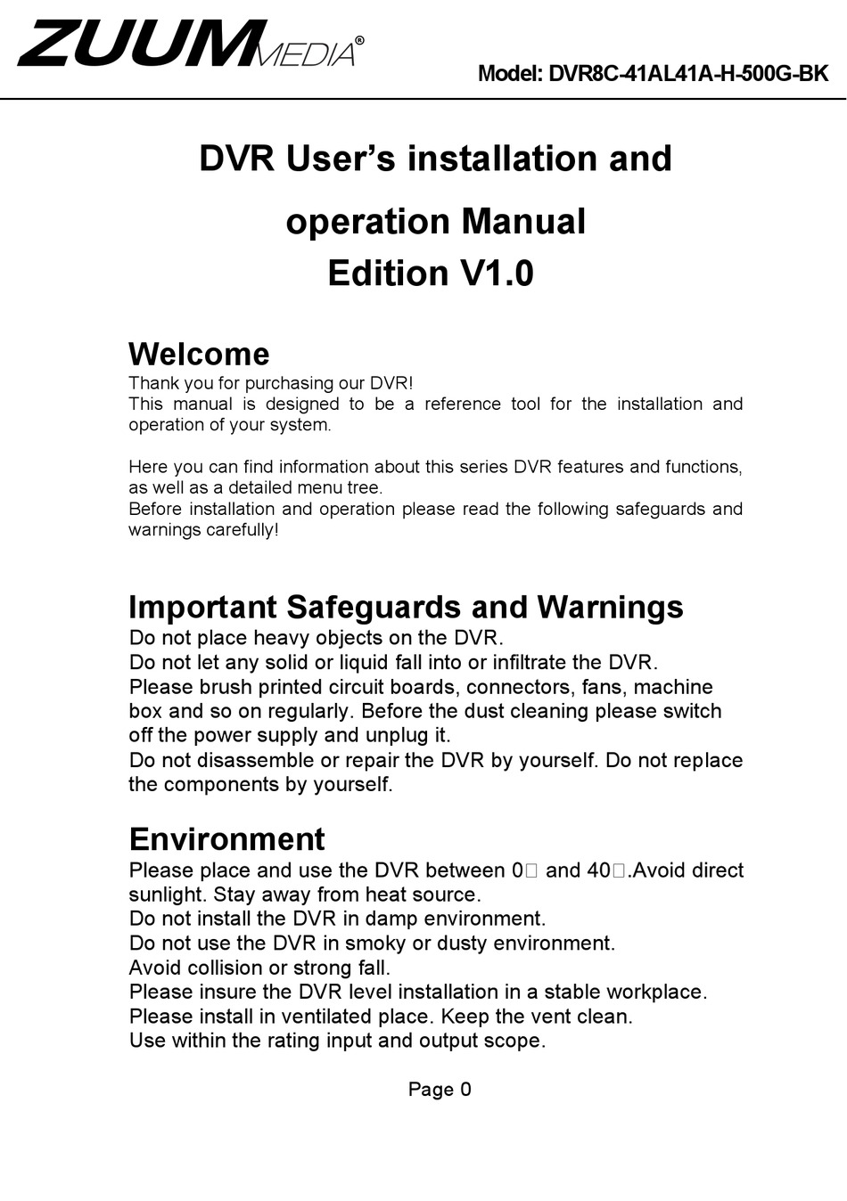 ZUUM MEDIA DVR8C41AL41AH500GBK USER'S INSTALLATION AND OPERATION MANUAL Pdf Download