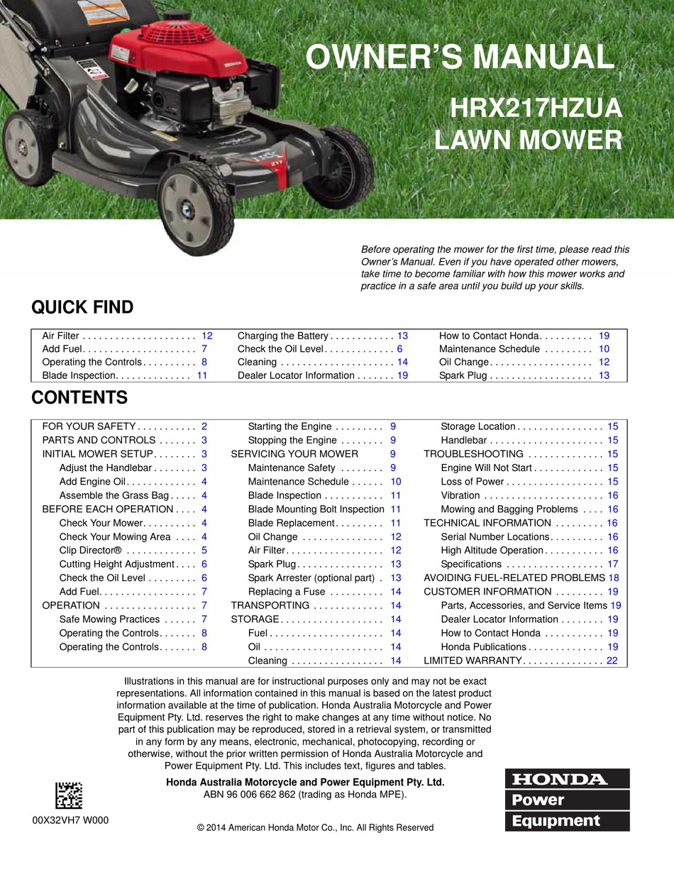 HONDA HRX217HZUA OWNER'S MANUAL Pdf Download | ManualsLib