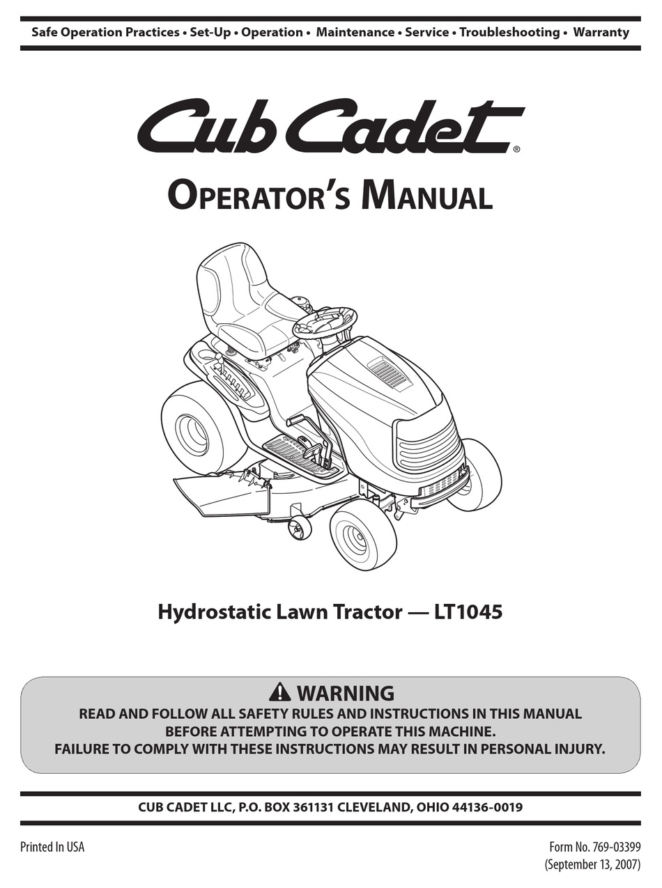 CUB CADET LT1045 OPERATOR'S MANUAL Pdf Download | ManualsLib