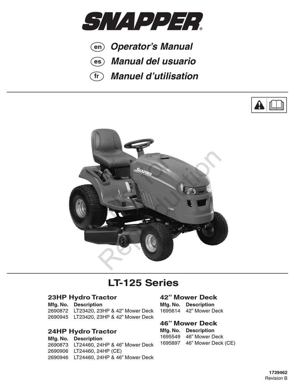 SNAPPER LT125 OPERATOR'S MANUAL Pdf Download ManualsLib