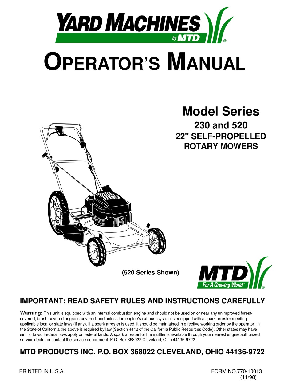 YARD MACHINES 230 OPERATOR