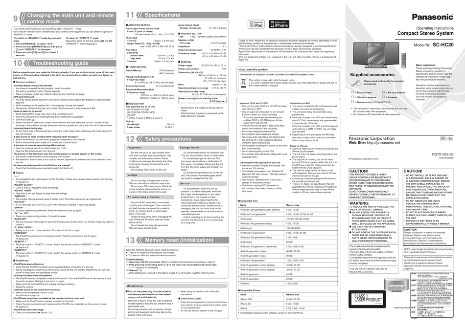 PANASONIC SC-HC20 OPERATING INSTRUCTION Pdf Download | ManualsLib