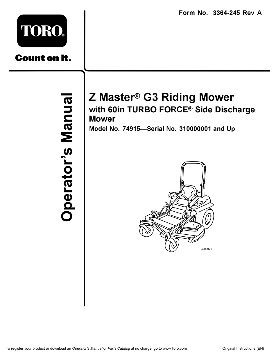 Toro 74915 Z Master G3 Operator S Manual Pdf Download Manualslib