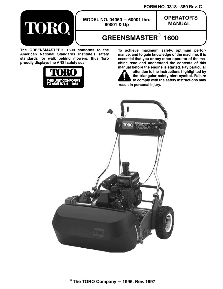 TORO 04060 GREENSMASTER 1600 OPERATOR'S MANUAL Pdf Download
