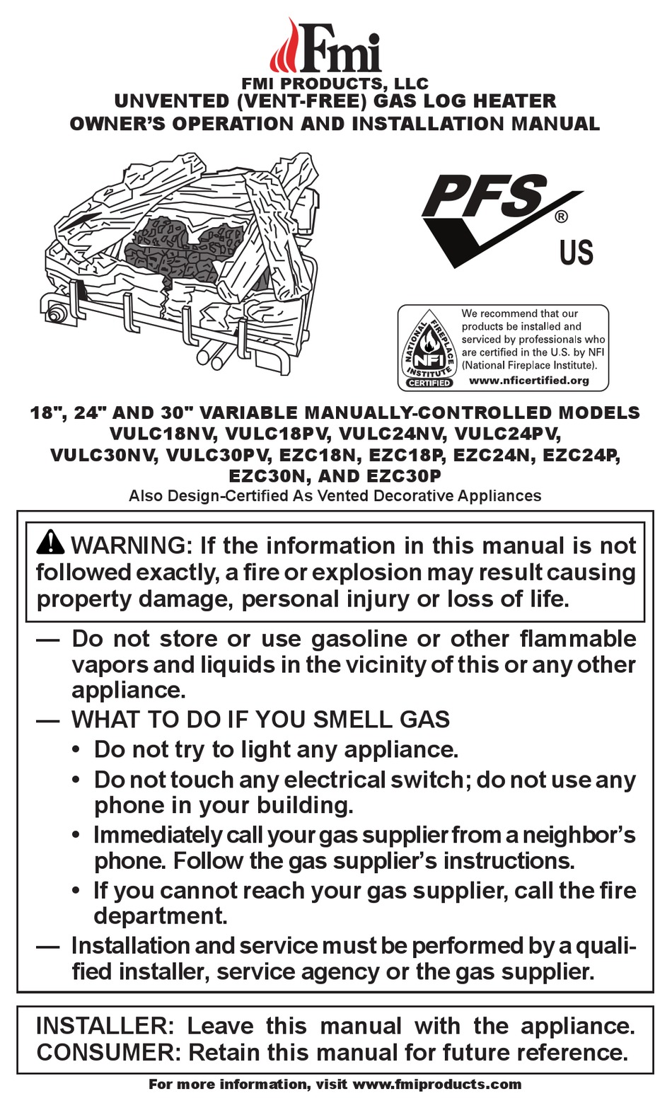 FMI VULC18NV OWNER'S OPERATION AND INSTALLATION MANUAL Pdf Download
