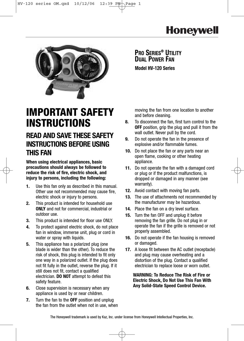 HONEYWELL HV120 SERIES SAFETY INSTRUCTIONS Pdf Download ManualsLib