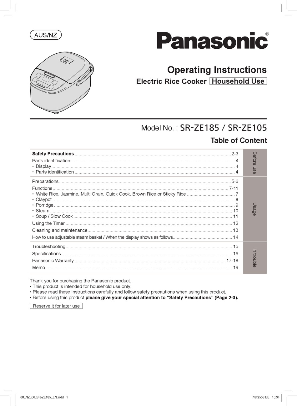 PANASONIC SRZE185 OPERATING INSTRUCTIONS MANUAL Pdf Download ManualsLib