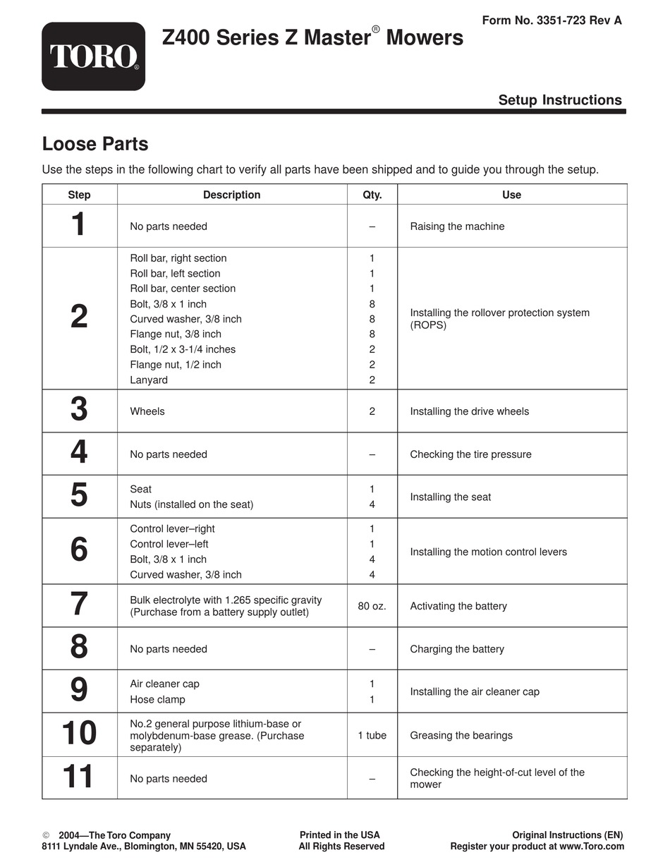 TORO Z400 SERIES Z MASTER SETUP INSTRUCTIONS Pdf Download ManuaLib