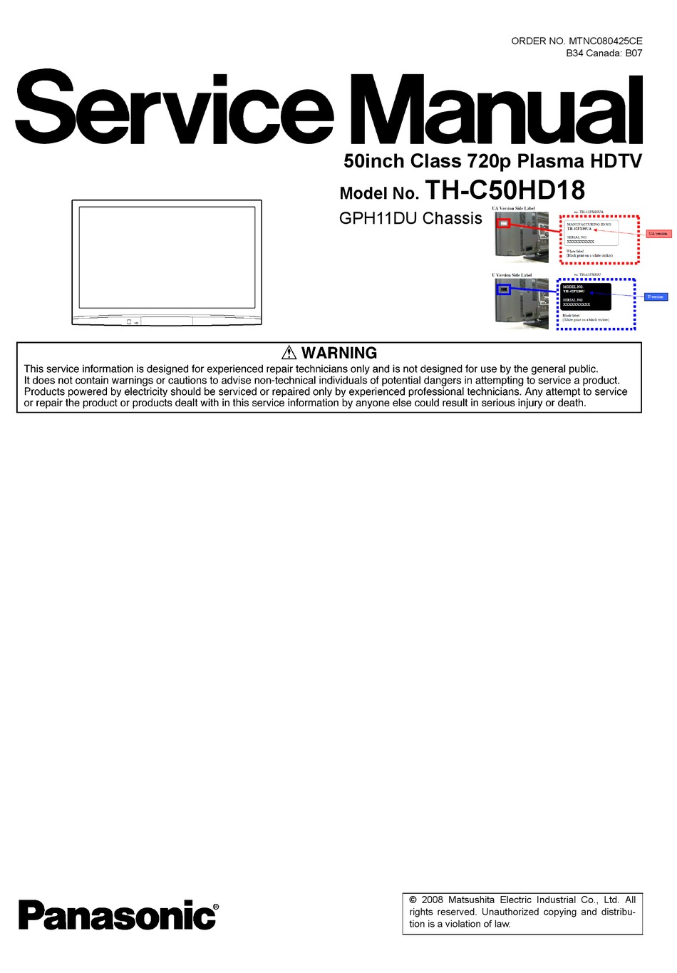 PANASONIC TH-C50HD18 SERVICE MANUAL Pdf Download | ManualsLib