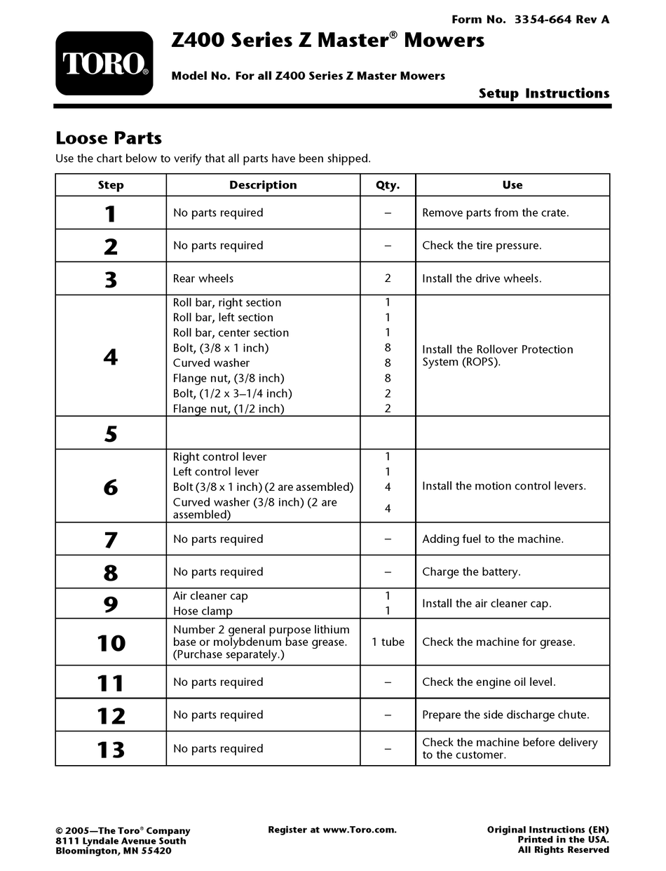 TORO Z400 SERIES ZMASTER SETUP INSTRUCTIONS Pdf Download ManualsLib
