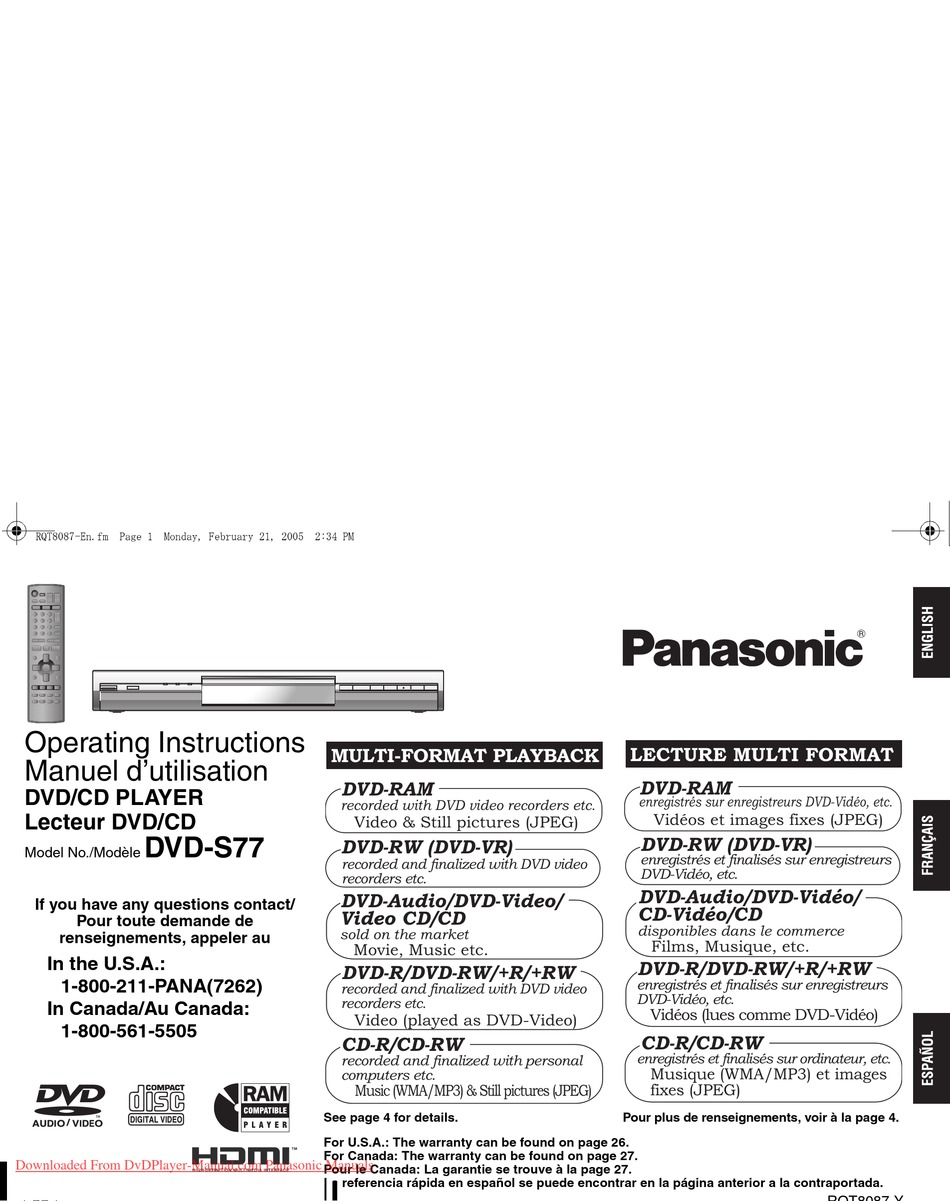 PANASONIC DVD-S77 OPERATING INSTRUCTIONS MANUAL Pdf Download | ManualsLib