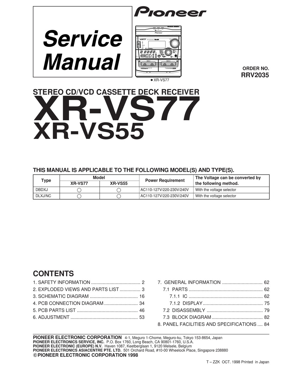 Pioneer Xr Vs77 Service Manual Pdf Download Manualslib