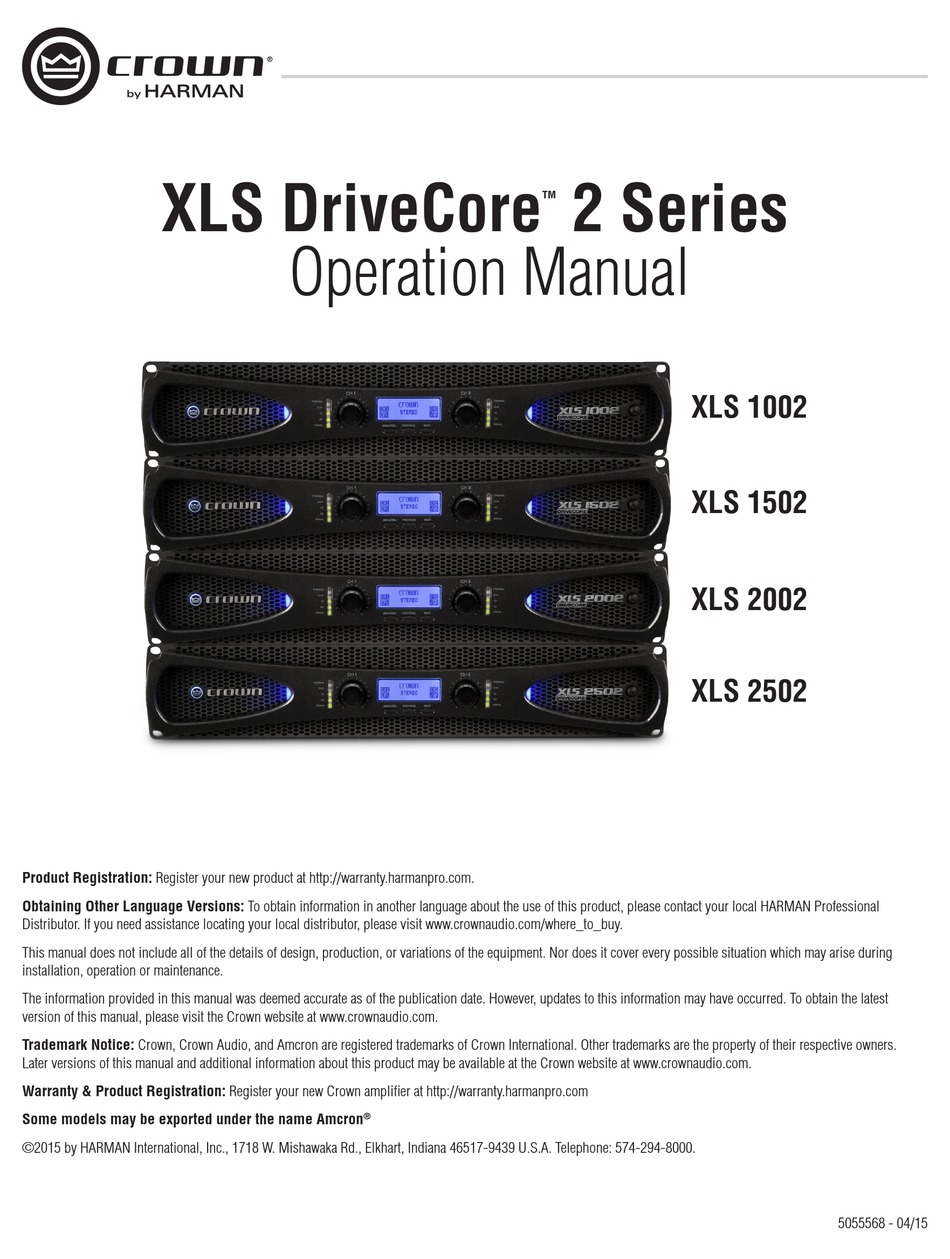 Crown Drivecore Xls 1002 Operation Manual Pdf Download Manualslib