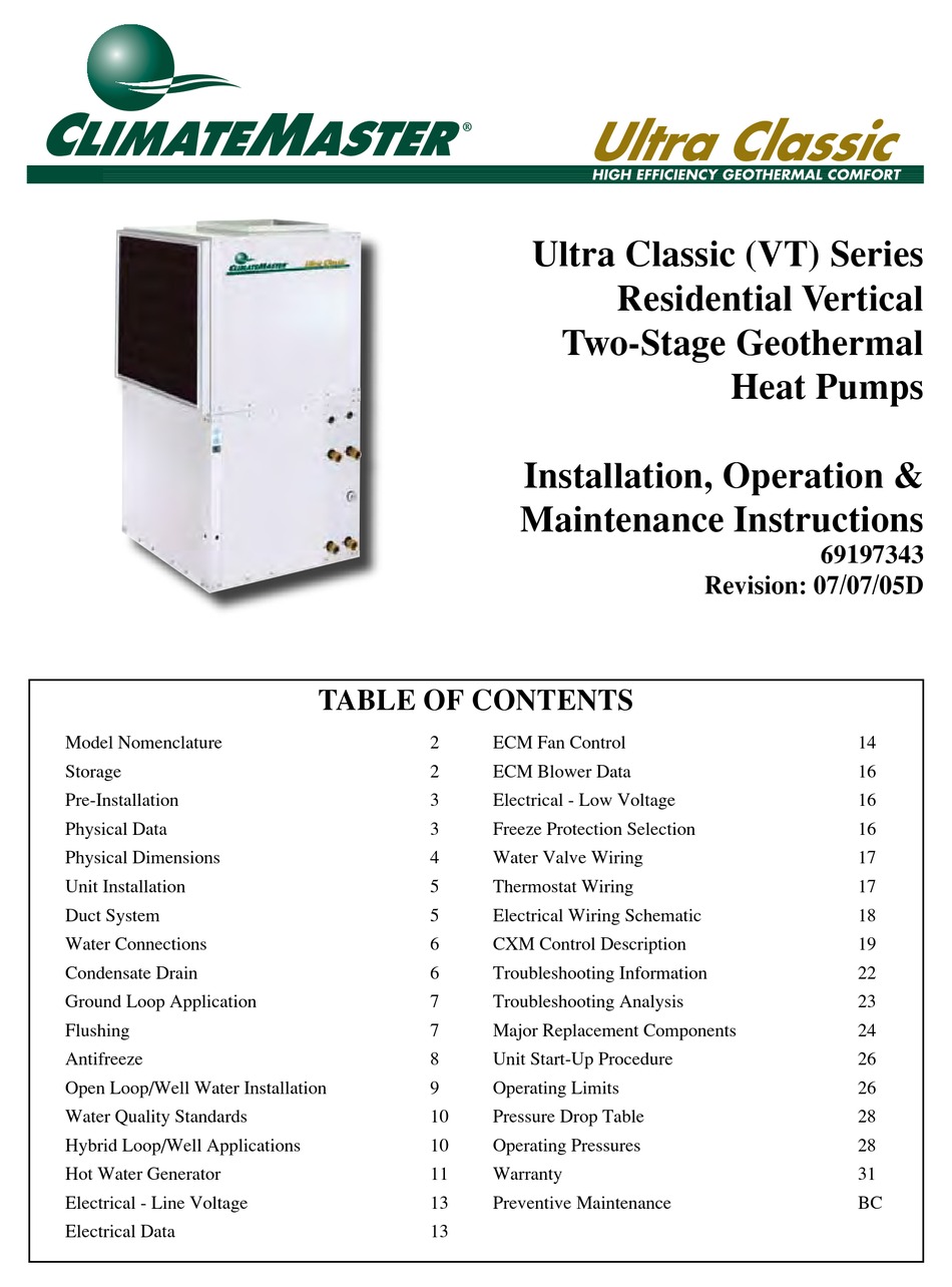 CLIMATEMASTER ULTRA CLASSIC VT 072 INSTALLATION, OPERATION