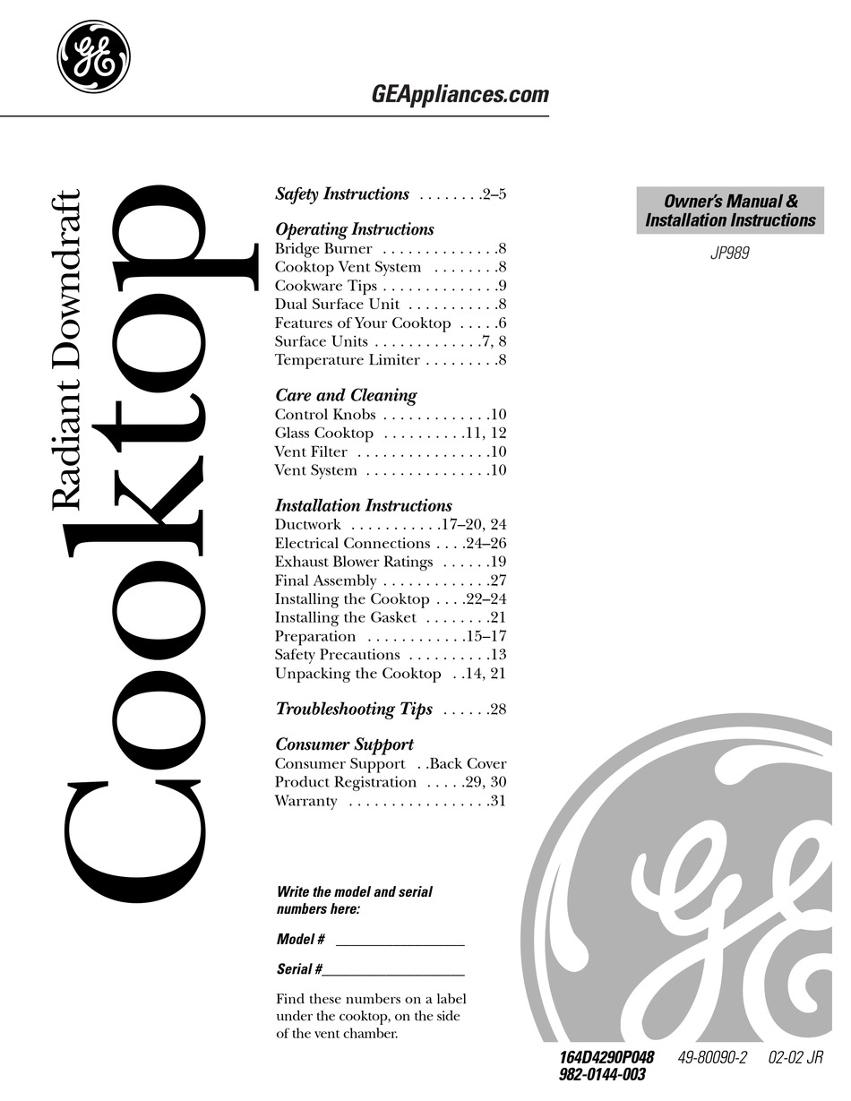 jp989 ge cooktop