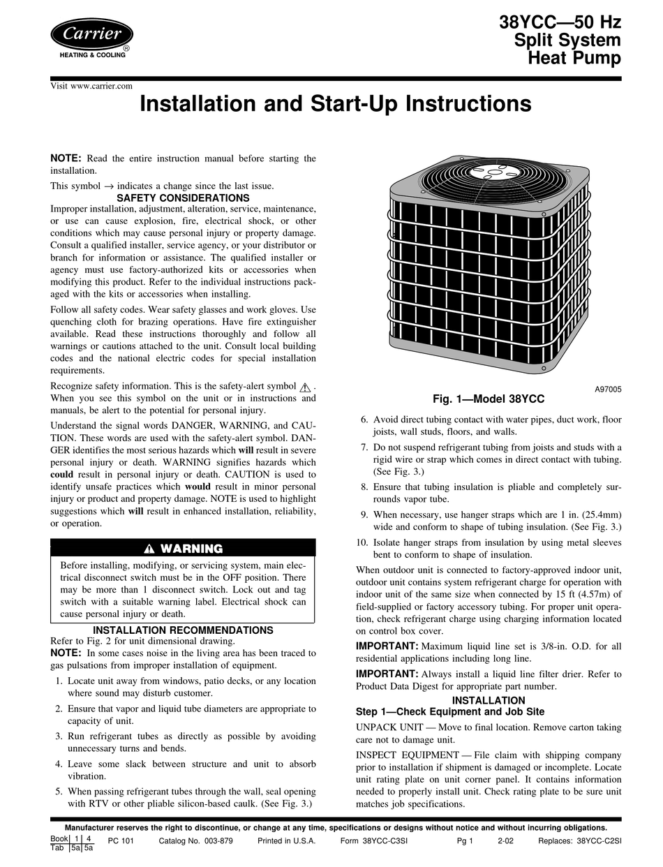 CARRIER 38YCC INSTALLATION AND START-UP INSTRUCTIONS MANUAL Pdf ...