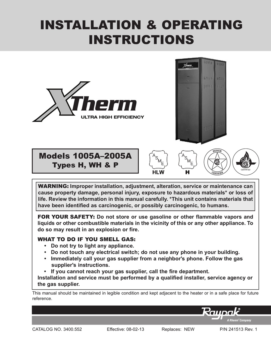 RAYPAK XTHERM A INSTALLATION OPERATING INSTRUCTIONS MANUAL Pdf Download ManualsLib