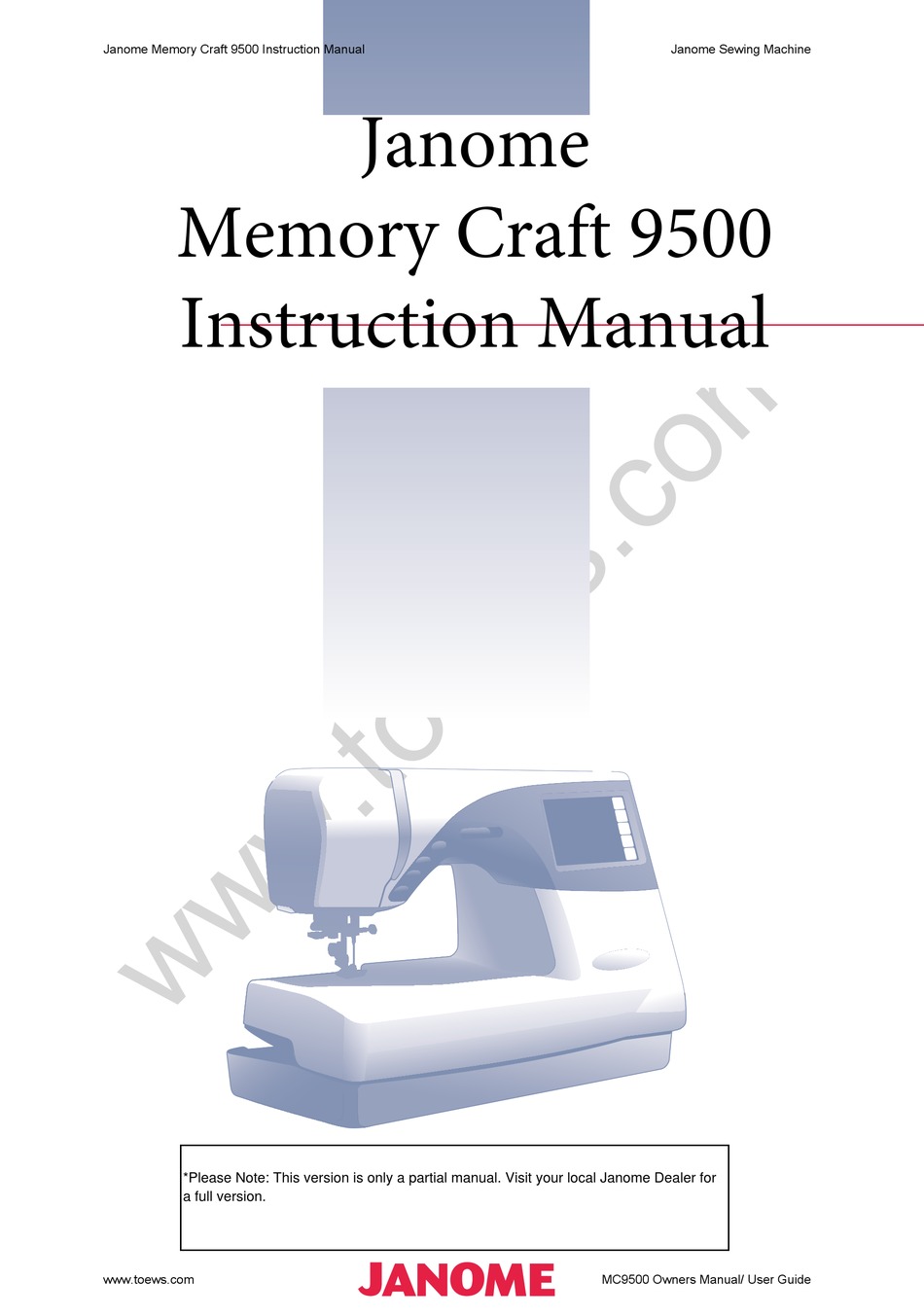 Janome Memory Craft 5000 Sewing Machine Embroidery Instruction Manual