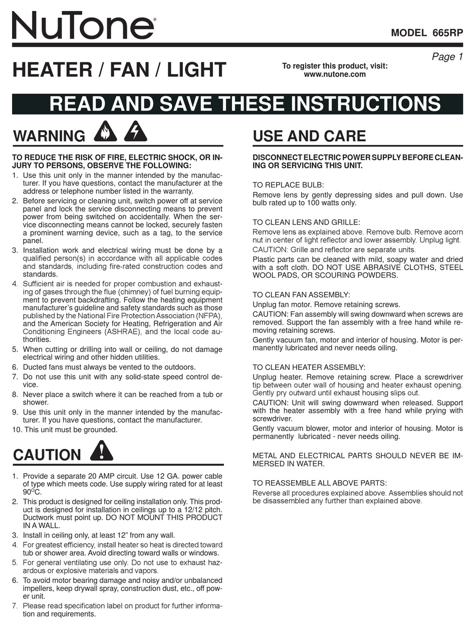 NUTONE 665RP INSTRUCTION MANUAL Pdf Download | ManualsLib