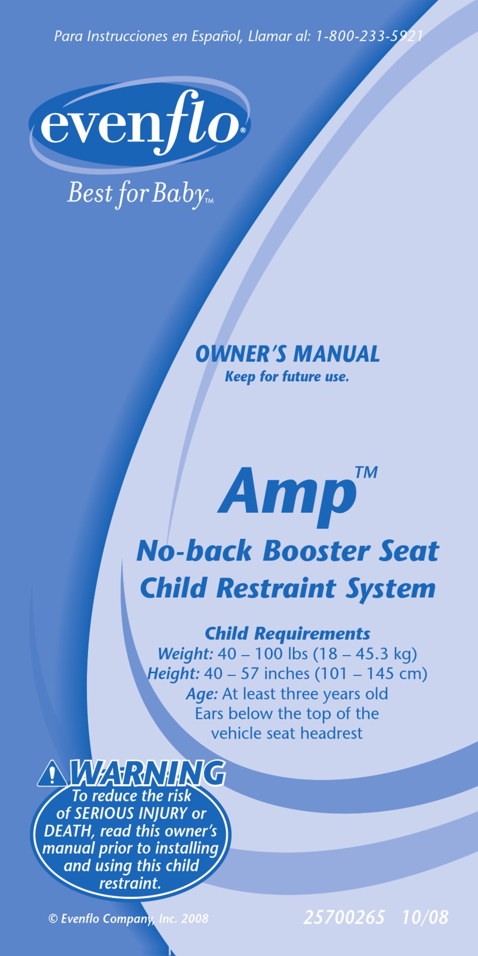 Evenflo amp high back booster outlet manual