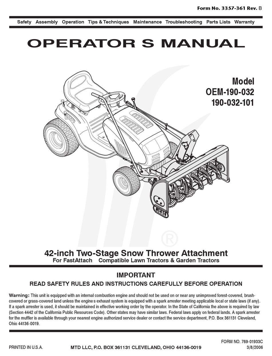 Mtd 190 032 10 Operators Manual Pdf Download Manualslib