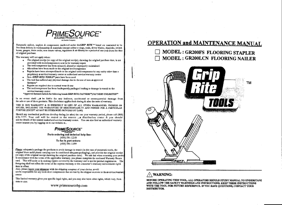 PRIME SOURCE GRIP RITE GR200FS OPERATION AND MAINTENANCE MANUAL Pdf