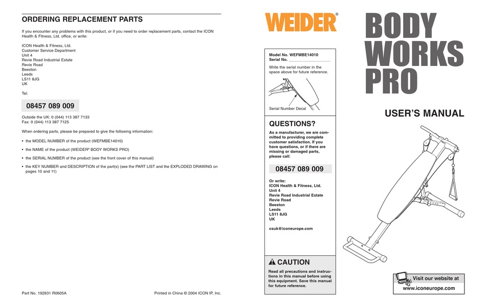 WEIDER BODY WORKS PRO WEFMBE14010 USER MANUAL Pdf Download ManualsLib