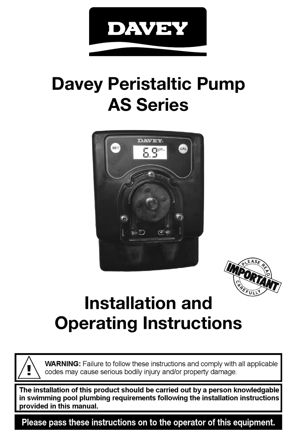 DAVEY AS SERIES INSTALLATION AND OPERATING INSTRUCTIONS MANUAL Pdf