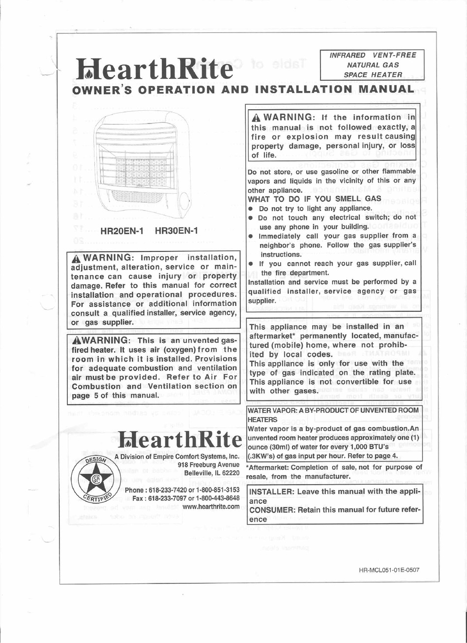HEARTHRITE HR20EN1 OWNERS MANUAL AND INSTALLATION MANUAL Pdf Download