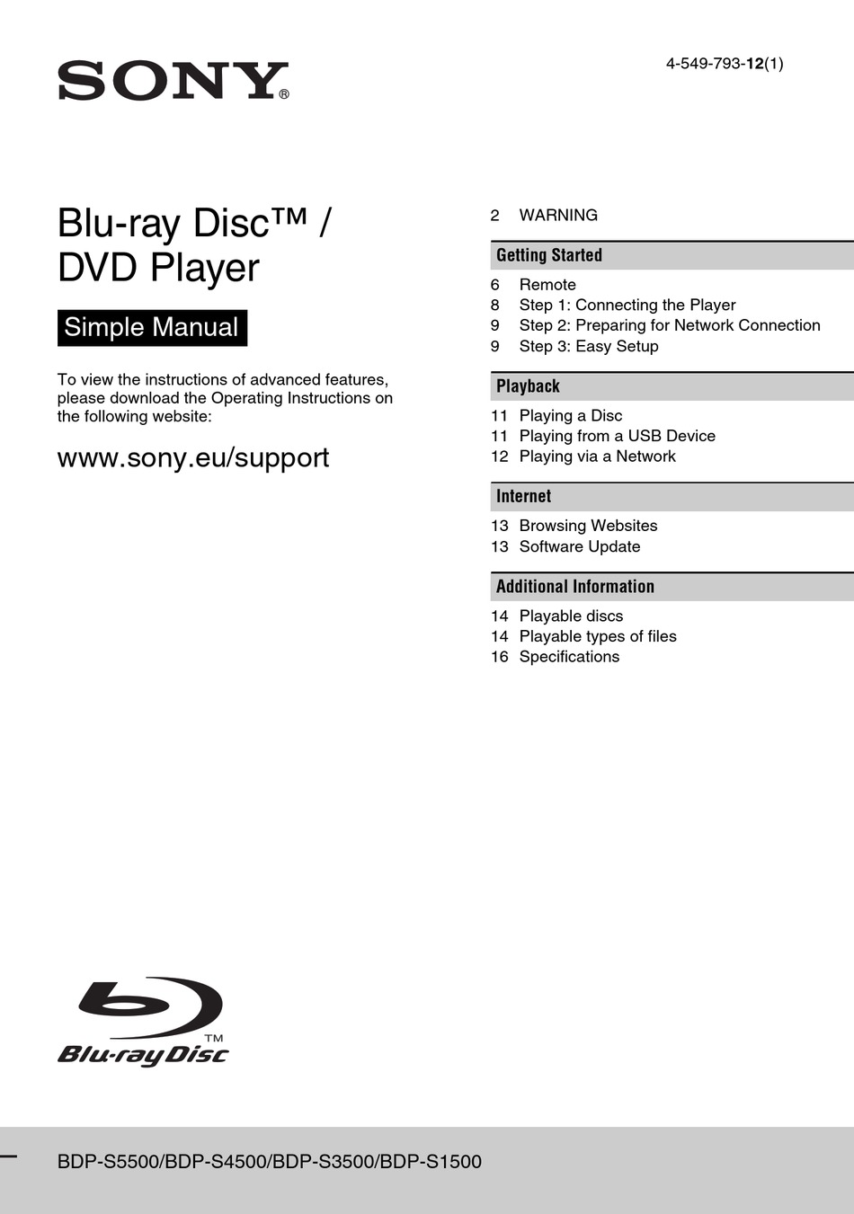 SONY BDP-S5500 SIMPLE MANUAL Pdf Download | ManualsLib