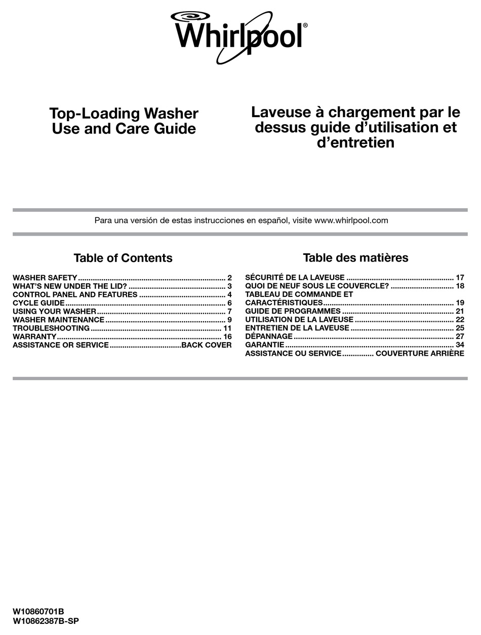 WHIRLPOOL WTW4616FW USE AND CARE MANUAL Pdf Download | ManualsLib