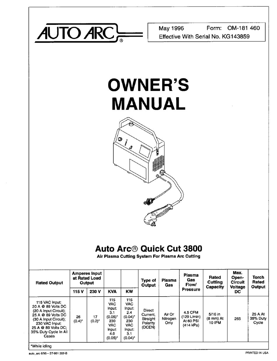 AUTO ARC QUICK CUT 3800 OWNER'S MANUAL Pdf Download | ManualsLib