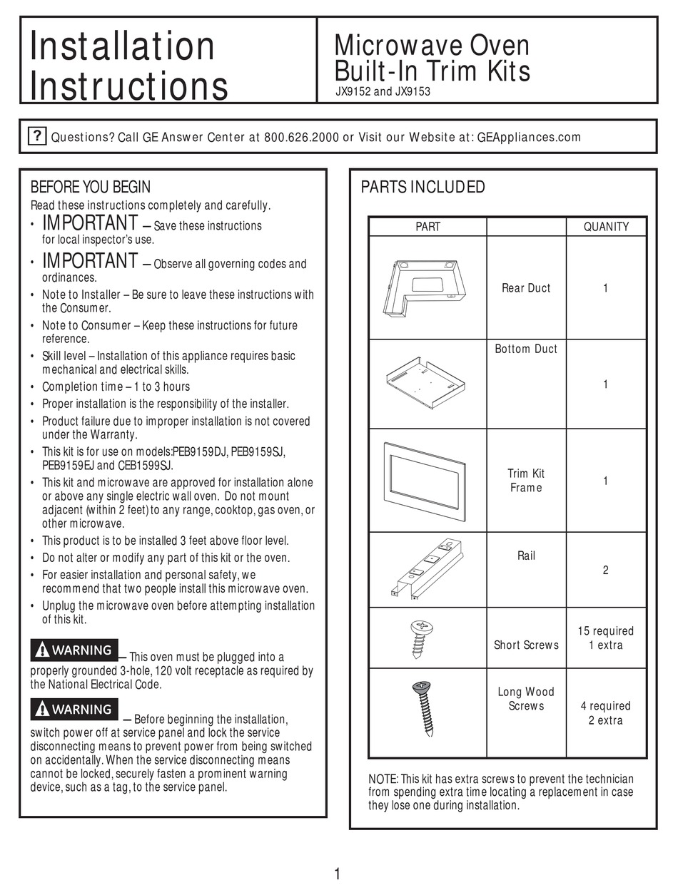 GE JX9152 INSTALLATION INSTRUCTIONS MANUAL Pdf Download | ManualsLib