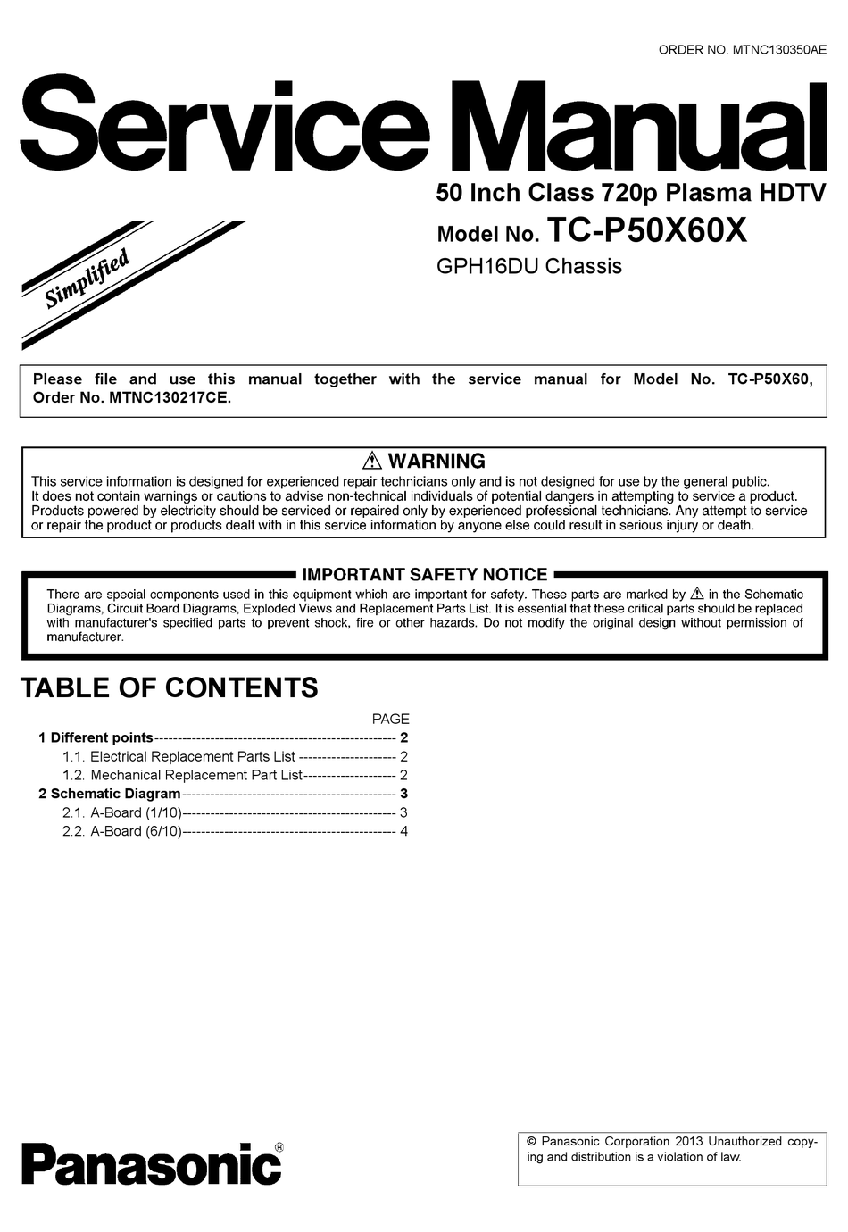 PANASONIC TC-P50X60X SERVICE MANUAL Pdf Download | ManualsLib