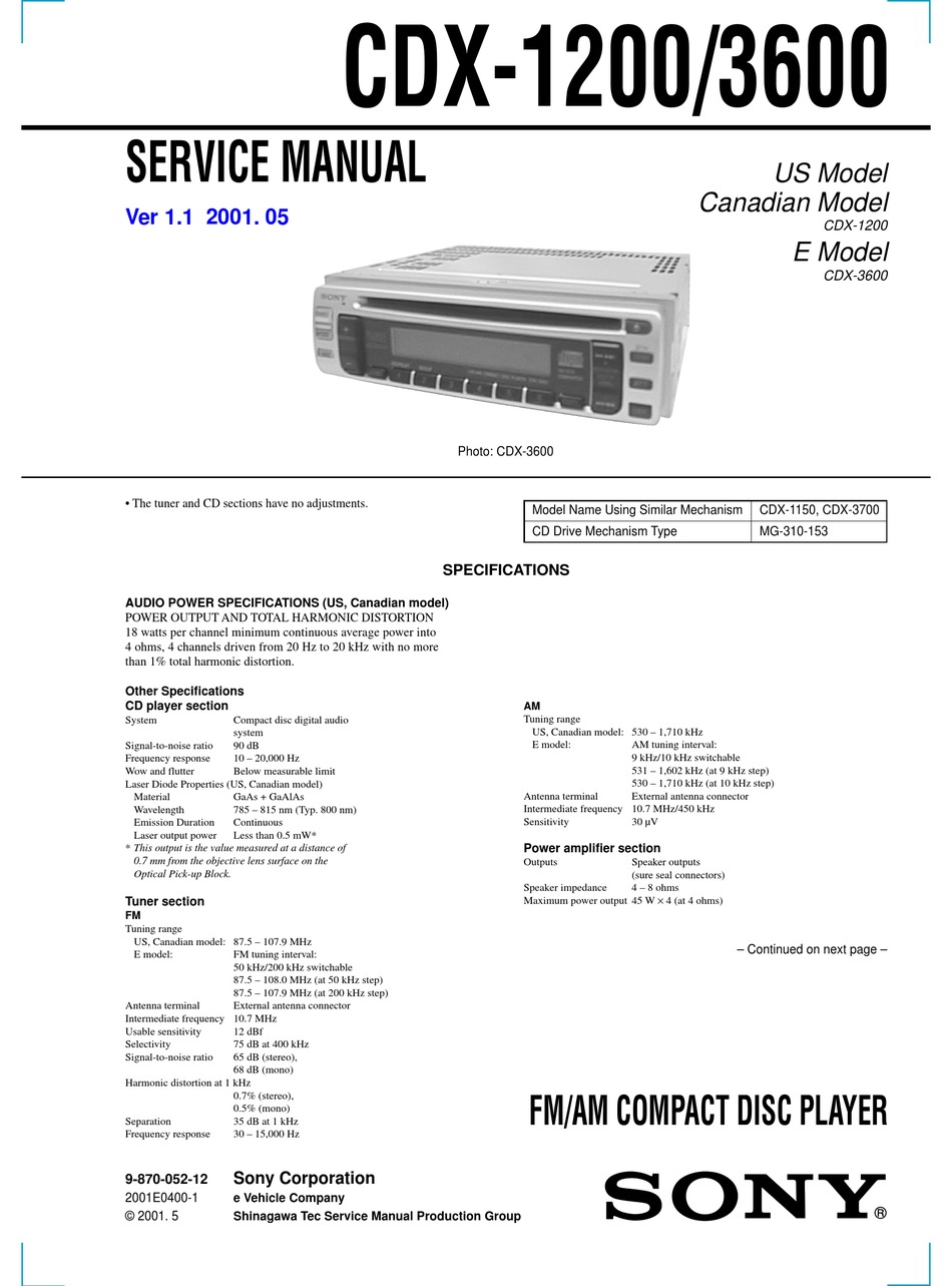 SONY CDX-1200 SERVICE MANUAL Pdf Download | ManualsLib