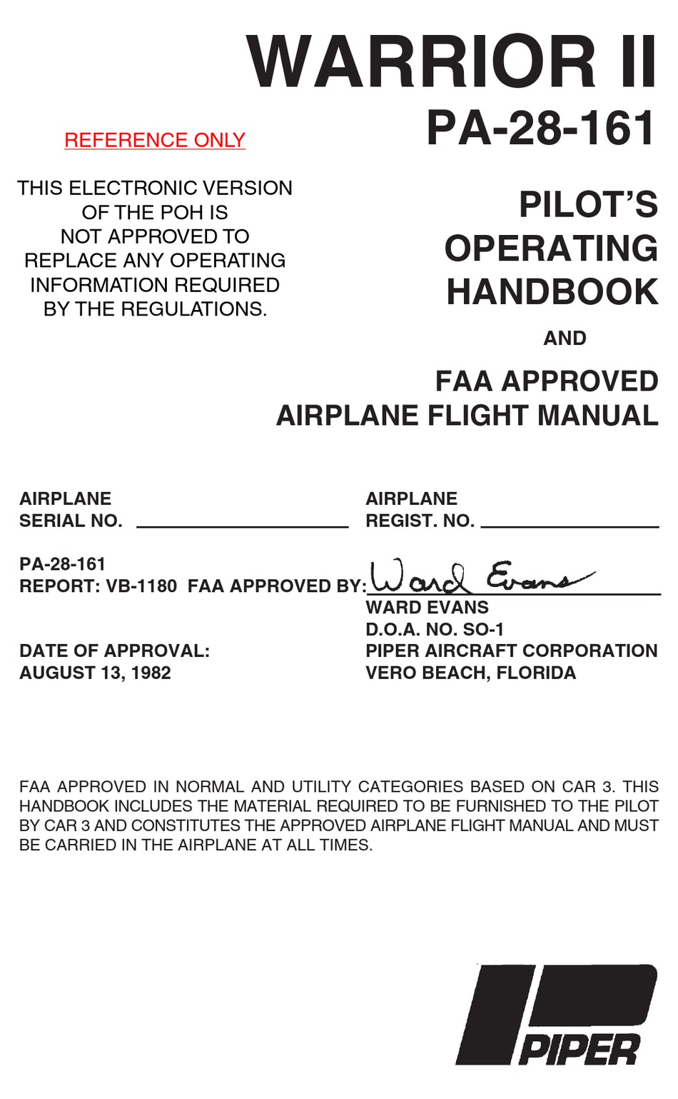 Piper Pa 28 161 Pilot Operating Handbook Pdf Download Manualslib