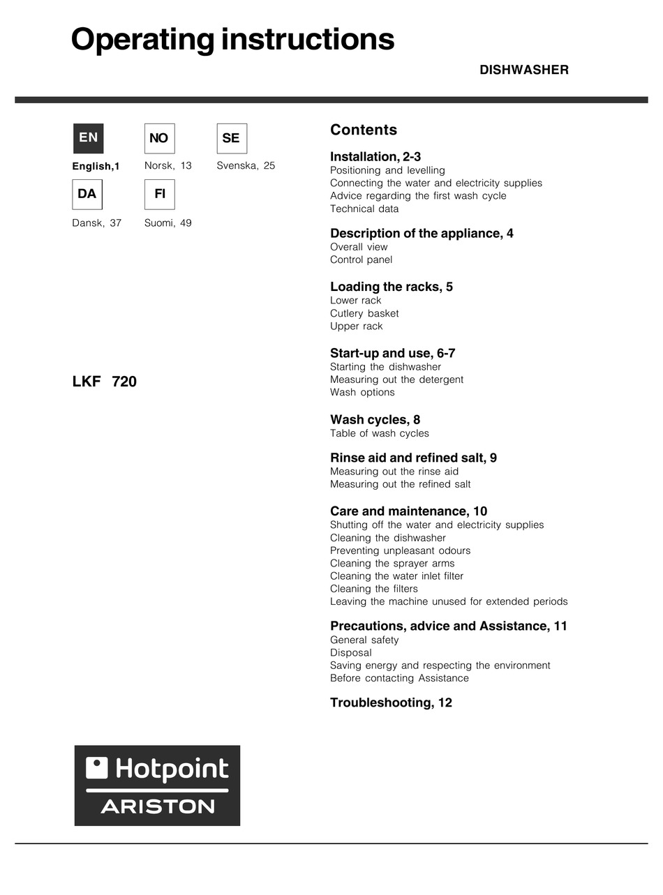 HOTPOINT ARISTON LKF 720 OPERATING INSTRUCTIONS MANUAL Pdf Download ...