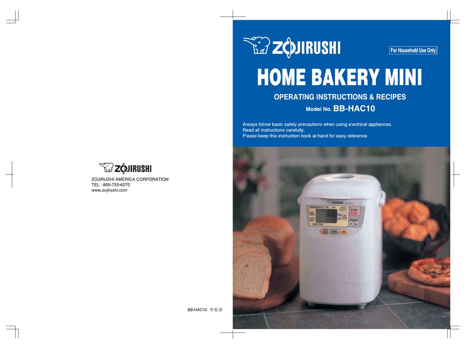 ZOJIRUSHI BBHAC10 OPERATING INSTRUCTIONS & RECIPES Pdf Download